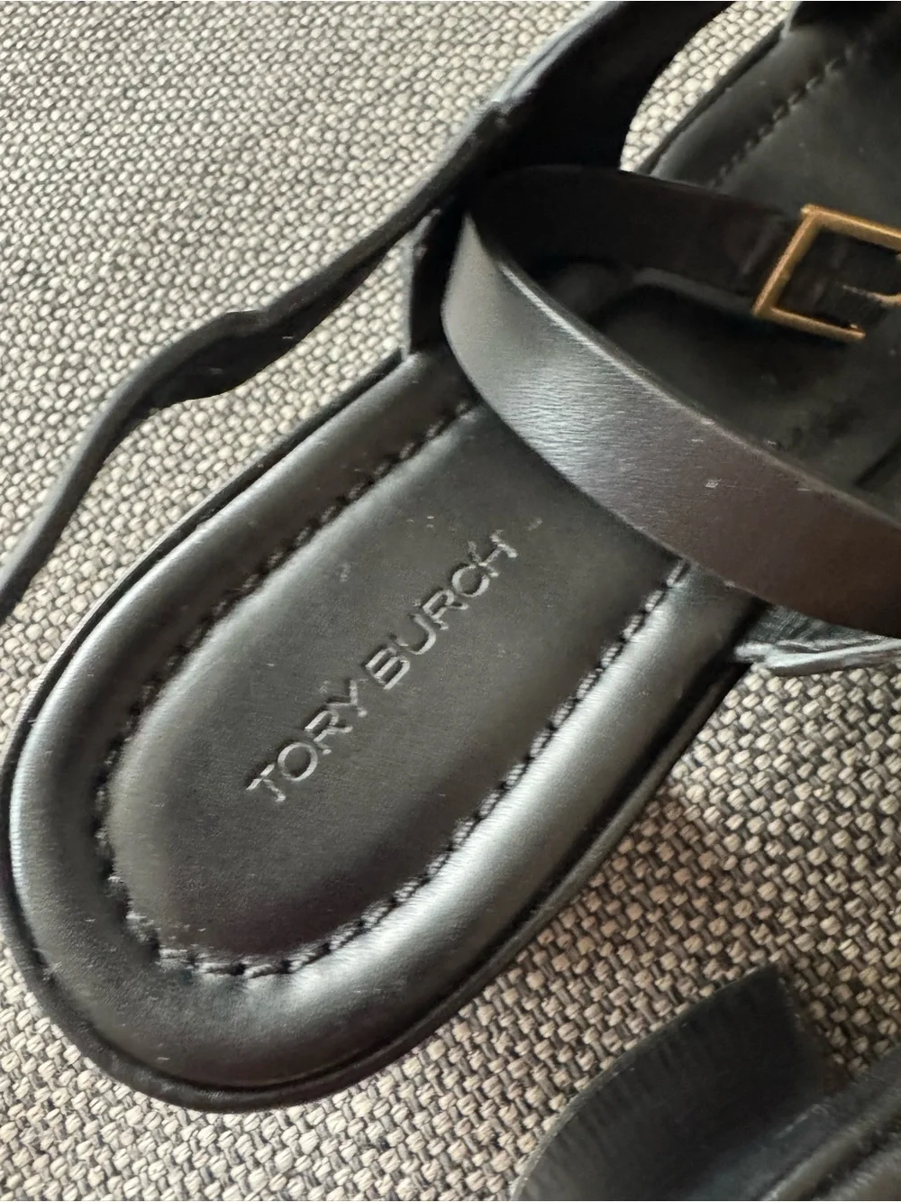 Tory Burch Black Leather Slingback Sandals with Gold Logo Accent